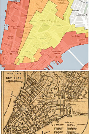 If you remove the areas most at risk of flooding (pink in map, top), you get the original outline of Manhattan (map, above).
